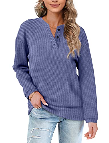 OFEEFAN Ladies Sweatshirts Button Crewneck Long Sleeve Sweaters For Women Lightweight Blue L