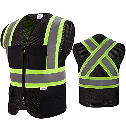 SULWZM High Visibility Safety Vest, Reflective Back Cross Strips for Men and Women (Black, Medium)