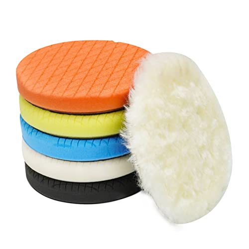 Autolock 5″ Buffing Polishing Pads, 6Pcs 5.6inch 140mm Face for 5 Inch Backing Plate Compound Buffing Sponge and Woolen Pads Cutting Polishing Pad Kit for Car Buffer Polisher, Polishing and Waxing