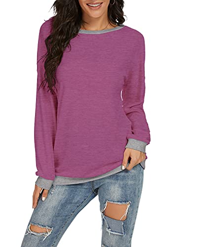 JINKESI Women’s Casual Long Sleeve Color Block Round Neck Loose Fit Blouses T Shirts Sweatshirts Pullover Tops Shirts Purple Red-Medium
