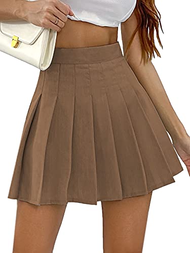Floerns Women’s Casual High Waisted Pleated Mini Skirt Skater Tennis Skirt Mocha Brown M