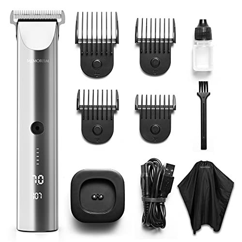 Memorism Blizz CS7 Men’s Cordless Hair Clipper for Home and Barbershop – with T-Blade Clipper and Stainless Steel/Ceramic Blade, 4 Adjustable Length Guards, Waterproof, LED Display (Silver)
