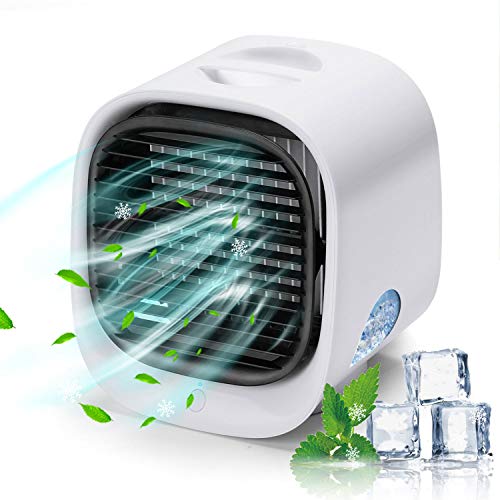 Portable Air Conditioner, Evaporative Personal Air Cooler Desk Fan, Mini AC with 3 Speeds, LED Light, Small Humidifier Fan for Home Office Bedroom Travel (White)
