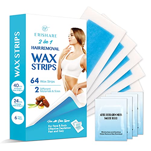Erishare Face and Body Wax Strips, Effective Waxing Kit for Bikini Area, 24 facial Hair Removal Wax Strips, 40 Body Wax Strips Plus 6 Calming Oil Wipes (le1)