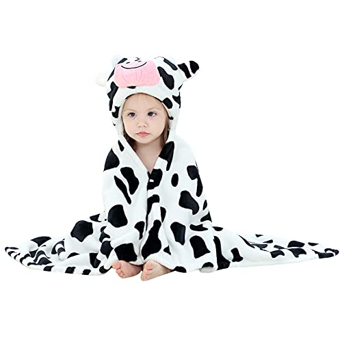 MICHLEY Baby Hooded Swaddling Blanket for Boys Girls, Animal Face Toddler Fall Winter Throw Blankets 0-3 Years(Cow)