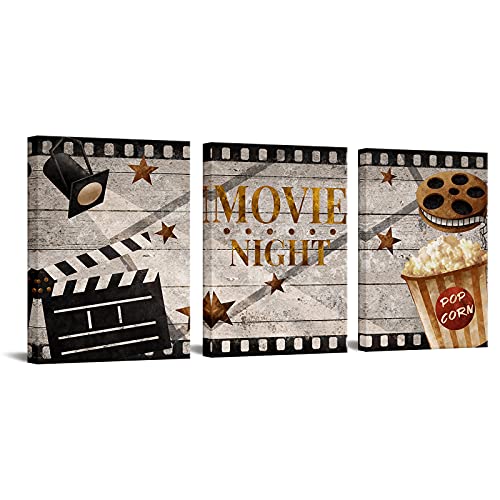 SiMiWOW Home Theater Movie Room Decor Canvas Wall Art Movie Night Movie Theatre Decor Sign Home Wall Decoration 12″x16″x3 Panels
