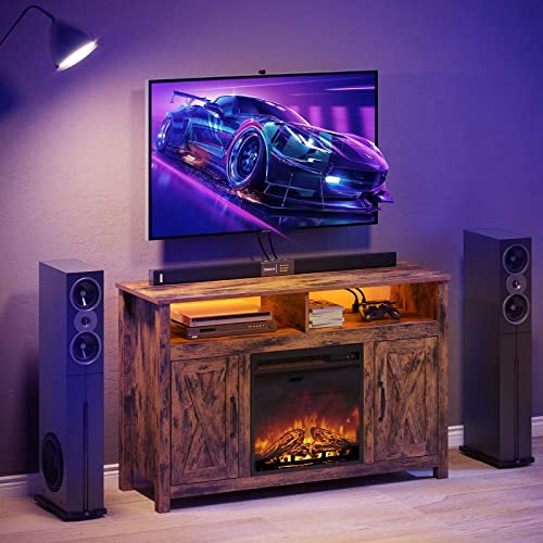 Rolanstar Fireplace TV Stand 47” with Led Lights and Power Outlets, Media Entertainment Center Console Table with Open Storage Shelves & Cabinets, Rustic Brown | The Storepaperoomates Retail Market - Fast Affordable Shopping