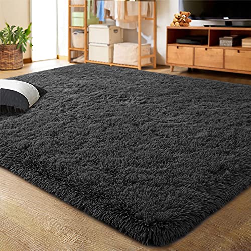 LOCHAS Ultra Soft Indoor Modern Area Rugs Fluffy Living Room Carpets for Children Bedroom Home Decor Nursery Rug 4×5.3 Feet, Dark Grey