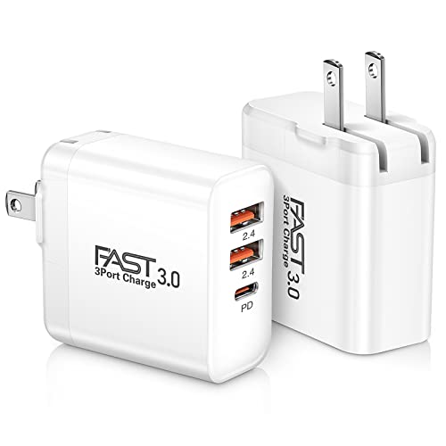 USB C Charger 2Pack, iSeekerKit 30W 3-Ports Fast Type C Wall Charger with PD 3.0 + 5V/2.4A Foldable USB Block Plug Compatible for iPhone 13/12/ Mini/Pro Max/11/11 Pro Max/Samsung Galaxy/Pixel-White