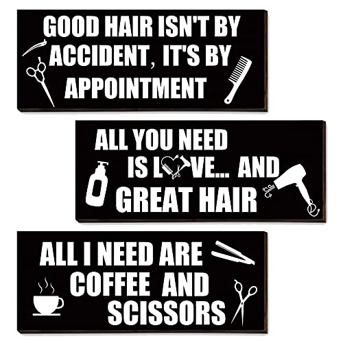 3 Pieces Hair Dresser Wood Signs Inspirational Wooden Hair Plaques Rustic Wood Hair Dresser Decors Wall Arts Vintage Printed Wall Hanging Signs for Hair Salon Barbershop Beauty Shop Wall Decorations