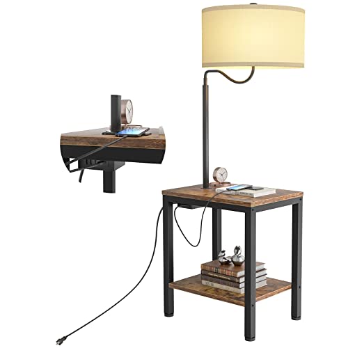 LityMax LED Floor Lamp with Table – Rustic End Table with USB Charging Port, Power Outlet, Bedside Nightstand Shelves, Side Table with Reading Standing Light for Living Room, Bedroom, Bulb Included