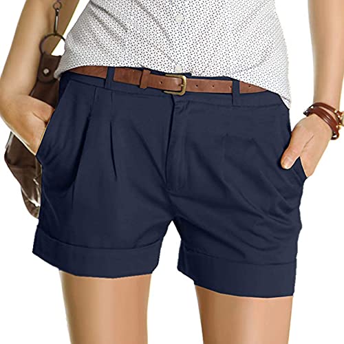 Womens Solid Casual Cargo Shorts Summer Trousers Button Elastic Waist Comfy Beach Short Pants with Pleated Fake Pockets