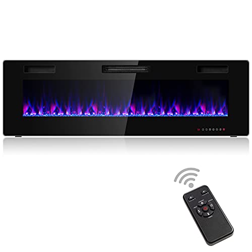 COSTWAY 60-Inch Electric Fireplace, 750W/1500W Wall Recessed and Mounted Fireplace Insert with Remote Control, 12 Flame Colors, 5 Brightness Settings, 8 H Timer, Fireplace Heater for Indoor Use