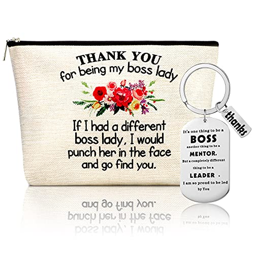 2 Pieces Christmas Boss Gift Thank You for Being My Boss Makeup Bag Thank You Boss Cosmetic Pouch with Stainless Steel Boss Lady Keychain Jewelry Birthday Christmas Gift for Lady Women Boss Female
