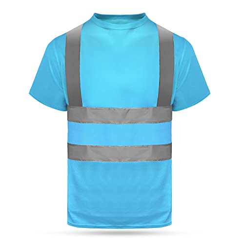 HYCOPROT High Vis Reflective T Shirt Short Sleeve Safety Mesh Quick Dry Shirts (Large, Sky Blue)