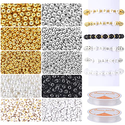 1800Pcs Jewelry Beads Making Set, Silver & Gold Round Spacer Beads 3 Sizes Smooth Loose Ball Beads Alphabet Pearls Beads and 2 Rolls Elastic String for DIY Craft Making Supplies