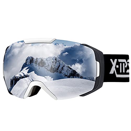 X-TPSON OTG Ski Goggles,Snowboard Goggles for Men,Women & Youth – 100% UV Protection & Anti-Fog (VLT10% White Frame Silver Lens)