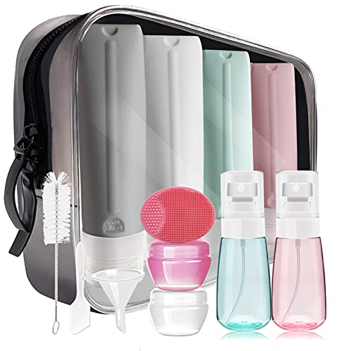 Pro Kit Leak-proof 3oz Silicone Travel Size Bottles Set Airport TSA Approved Toiletries Toiletry Containers Accessories for Airplane Empty Refillable Reusable with Makeup Bag Spray Bottle Brush…