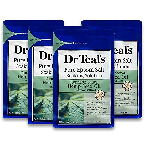 Dr Teal’s Pure Epsom Salt, Cannabis Sativa Hemp Seed Oil, 3 lb (Pack of 4)
