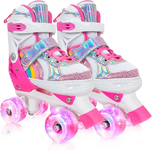 Toddler Roller Skates Rainbow Unicorn for Little Girls Ages 3 4 5 6 – Quad Skates for Child – Adjustable All Light up Wheels, Birthday Gift for Daughter Granddaughter