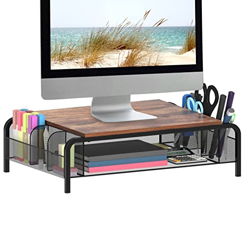 Trwcrt Metal Desk Monitor Stand Riser with Organizer Drawer, Rustic Monitor Riser for Computer, Small Printer, Laptop, Black and Brown