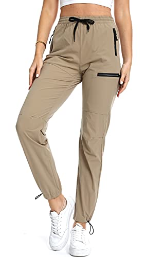 VANGULL Cargo Hiking Pants for Women Elastic Waist Quick Dry Lightweight Outdoor UPF 50+ Long Pants Zipper Pockets Khaki
