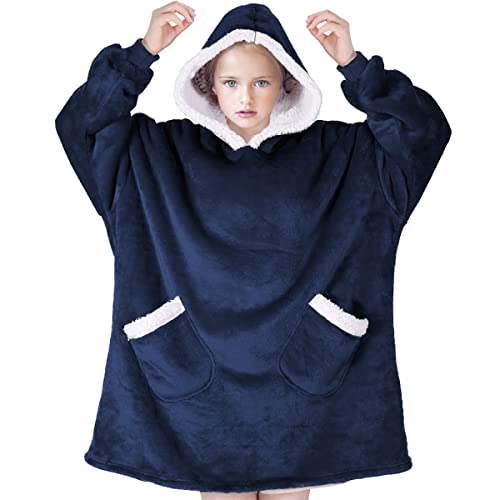 LIANLAM Wearable Blanket Hoodie，Lightweight Sherpa Blanket Sweatshirt for Kids, Youth,Super Soft and Cozy Blanket Hoodie with Sleeves and Pocket for Child，One Size Fits All (Navy Blue, Kids)