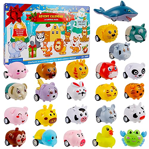 Juegoal Cars Advent Calendar 2022 for Kids, Animal Stocking Stuffer Toy Cars with 24 Different Pull Back Animals Vehicles Surprise Every Day, Race Cars Perfect for Toddler, Boys and Girls