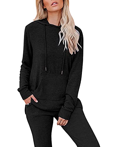 Corfrute Women Two Piece Outfits Casual Long Sleeve Lounge Sets Pullover with Drawstring Workout Sets Athletic Tracksuit Sweatsuit （Black XL
