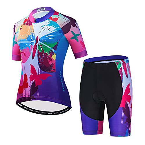 Cycling Jersey Shorts Set Padded Women Bike Top Suit Pockets Shirt Road Bicycle Clothing Lady Racing MTB Mountain Uniform Outfits Team Summer Wear Riding Pink XL