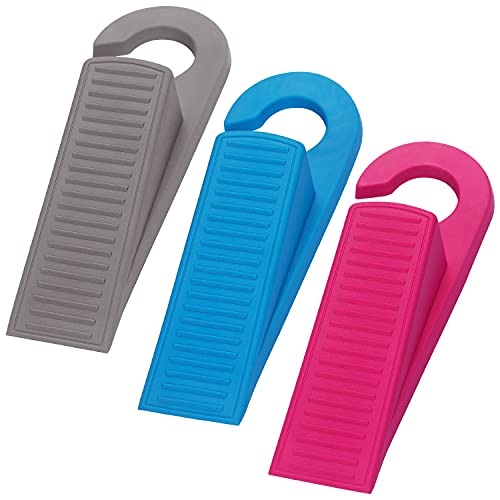3 Pack Rubber Hook Type Door Stopper 1 Inch Thick Door Stop Works on All Floor Surfaces, Control The Size of The Door Gaps and Prevent The Lock-Outs (Gray/Blue/Rose)