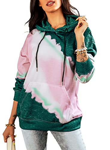 Diukia Women’s Fashion Tie Dye Print Color Block Hoodies Lightweight Long Sleeve Sports Pullover Hoodie Fall Casual Drawstring Pullover Tunic Sweatshirt with Pocket Green XL