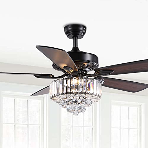 NOXARTE Crystal Ceiling Fan Light Black Reversible Blades Chandelier Fan Remote Control Lighting Fixture Fan for Dining Room Living Room
