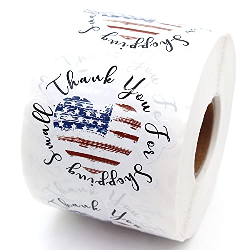 Wailozco 1.5” America Flag Heart Thank You for Shopping Small Stickers ,Handmade Stickers,Business Stickers,Envelopes Stickers for Online Retailers,Handmade Goods,Small Business,500 Labels Per Roll