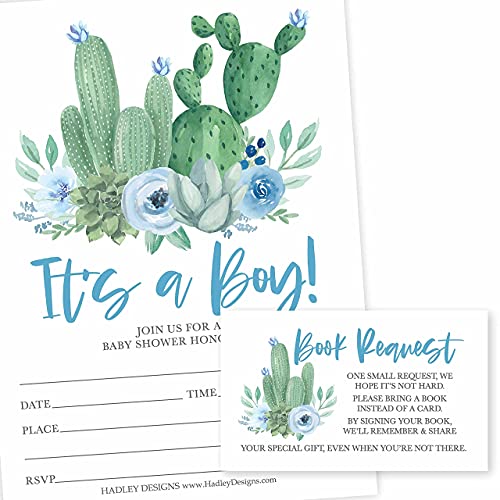 25 Blue Cactus Baby Shower Invitations, 25 Books For Baby Shower Request Cards, Sprinkle Invite Boy, Bring A Book Instead Of A Card, Baby Shower Invitation Inserts Baby Shower Guest Book Alternative