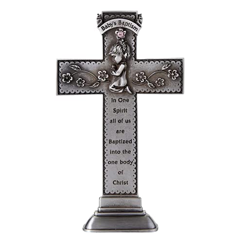 Needzo Baby Girl Baptism Standing Cross, Godchild Baptismal Gift with Engraved Inspirational Quote, Religious Milestone Keepsake for Girls, 6 Inches