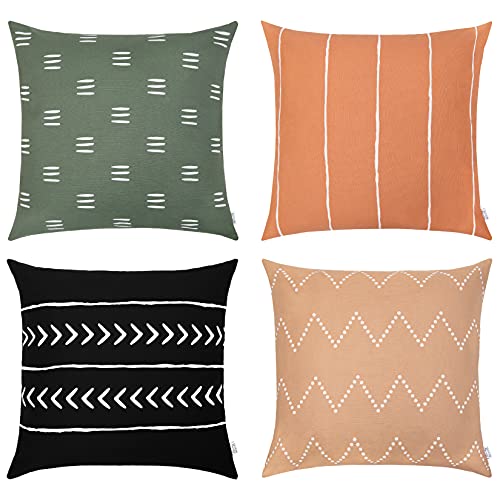 Decorative Throw Pillow Covers Cushion Cases, Set of 4 (18” x 18”) Nordic Modern Boho Designs, Geometric Pattern Style Mix and Match for Home Decor, Pillow Inserts Not Included (Green/Beige)