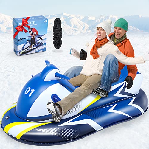 Upgrade 70” Snow Sled for Kids and Adults, Inflatable Gaint Snowmobile Sleds for Kids and Adult with Reinforced Handle Snow Toys Sledding Heavy Duty for Kids Outdoor Toboggan Gift Box for Holidays