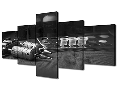Wall Pictures for Living Room Tattoo Studio Wall Paintings Black and White Wall Art 5 Panel Machine Tattoo Poster Printed on Canvas Modern Artwork for Home Walls Framed Ready to Hang (50”W x 24”H)