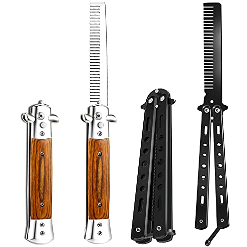 2 Pieces Wood Grain Switchblade Blade Comb Pocket Hair Brush Automatic Push Button Brush and Folding Butterfly Comb Stainless Steel Training Practice Comb Outdoor Practice Comb (Black)