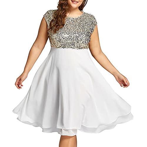 Sequin Dress for Women Plus Size Party Cocktail Mini Dress Mesh Sheer Flowy Formal Sleeveless Dresses for Wedding Guest White