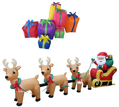 Two Christmas Party Decorations Bundle, Includes 6 Foot Long Inflatable Multicolor Gift Boxes, and 12 Foot Long Inflatable Santa Claus on Sleigh with 3 Reindeer & Gift Bag Blowup with Lights