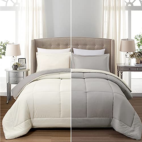 EMME Comforter Set King(90”x102”) 7-Pieces, Grey White Reversible Bedding Set with Sheets, Ultra Soft and Lightweight of Microfiber Filling Bed Set for All Season (King, Grey & White)