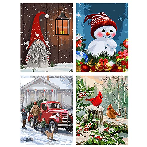 4 Pack Christmas Paint by Numbers, Paint by Numbers for Adults Kids Beginners, Paint by Number on Canvas DIY Adult Paint by Number, Santa, Snowman, Truck, Cardinal, 12×16 Inch Oil Painting