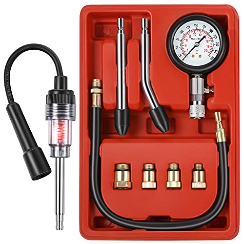 9 Pieces Automotive Compression Tester Kit and Spark Plug Tester, Universal Car and Motorcycle Engine Testing Tools for Cylinder Pressure Gauge (Red)