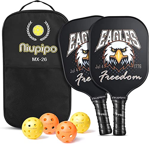 niupipo Pickleball Paddles, USA Approved Pickleball Paddles Set of 2 Pickleball Rackets 4 Pickleball Balls 1 Portable Bag, Polypropylene Honeycomb Core, Graphite Carbon Face, Cushioned 4.72In Grip