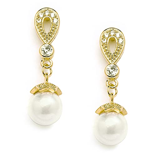 Mariell Clip On Gold Wedding Earrings for Brides, Round Pearl Drop Clip-On CZ Bridal Earring for Women