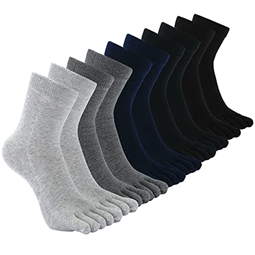 CaiDieNu Mens Toe Socks Running Big Toe Five Finger Crew Socks Cotton Toe Separated Socks for Men (Black&Grey-5 Pairs(us 9-11)