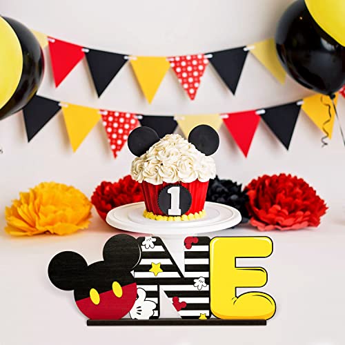 Laffact Large Cartoon Mouse ONE Letter Sign Wooden Table Centerpieces Red & Black Mouse 1st Birthday Party Supplies Table Decoration Birthday Wood Table Milestone Sign for Kid Baby Shower Photo Props | The Storepaperoomates Retail Market - Fast Affordable Shopping