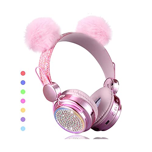 KORABA Wireless , LED Light up Color Changing Girls Bluetooth Headsets with MIC, 10 Hours 5.0 Bluetooth Headphones for School, Christmas (Pink)